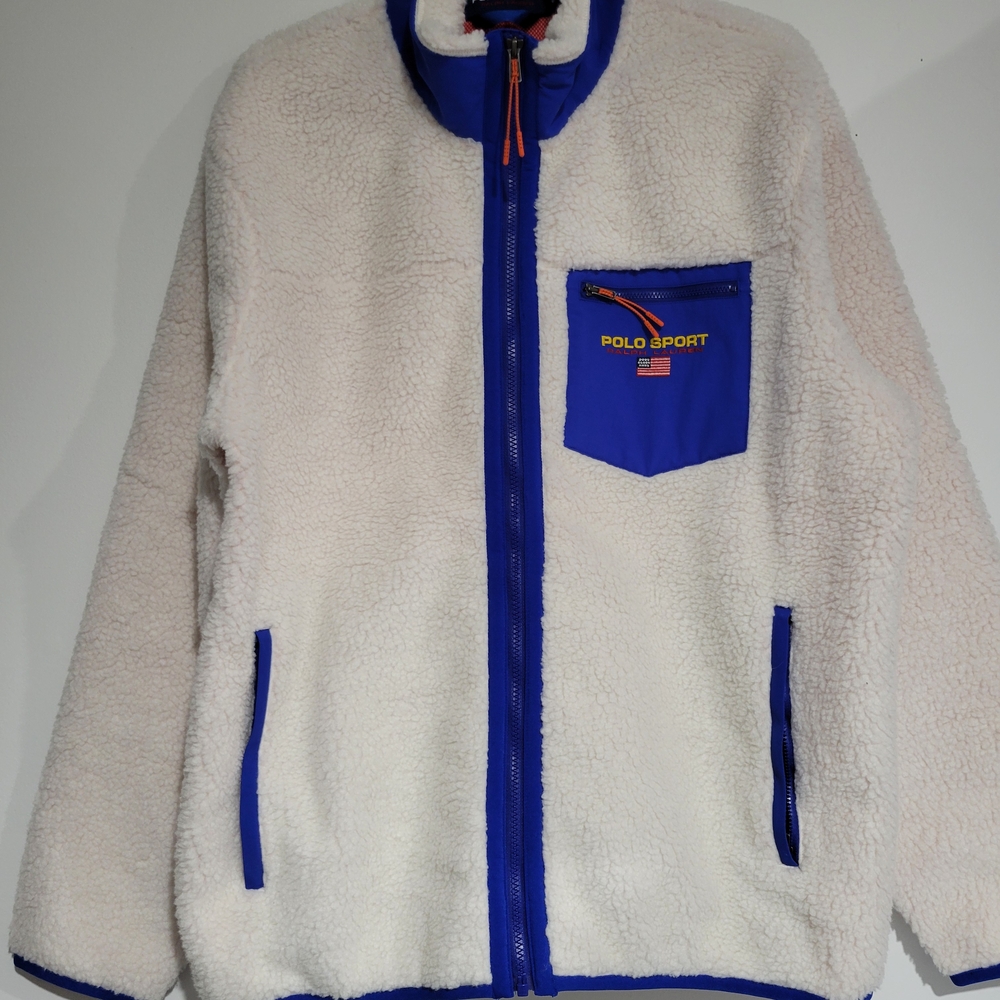 Polo by Ralph Lauren Mens Fleece Jacket - Cream and Blue Size Large